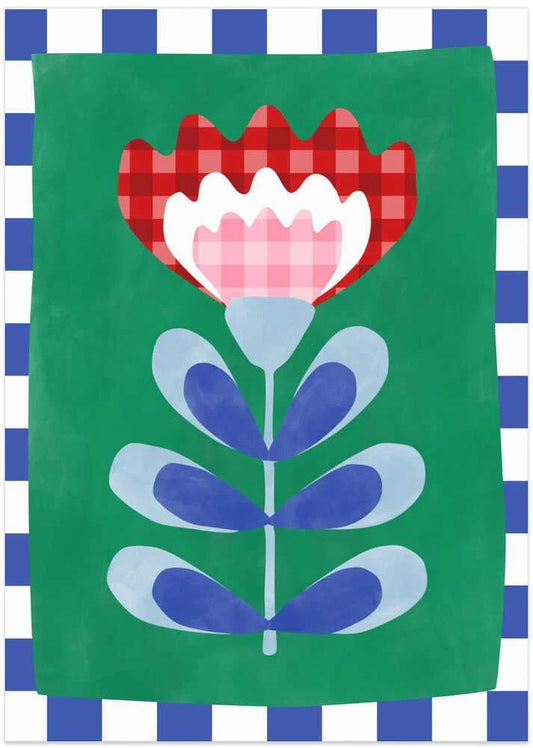 Abstrakt blomma – grönt & rött gingham-mönster