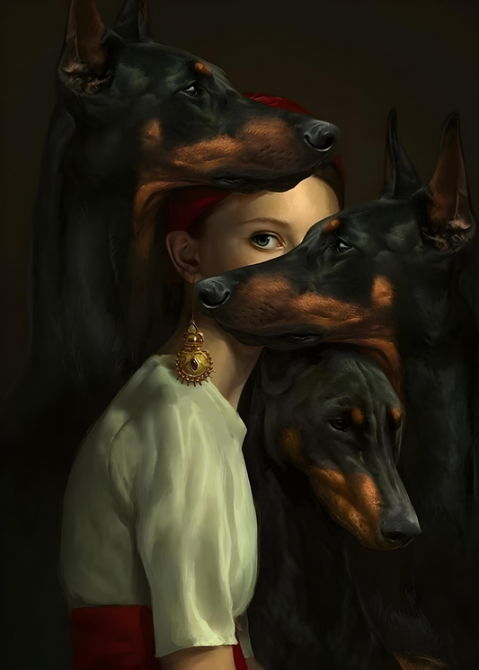 Kvinna med dobermann hundar