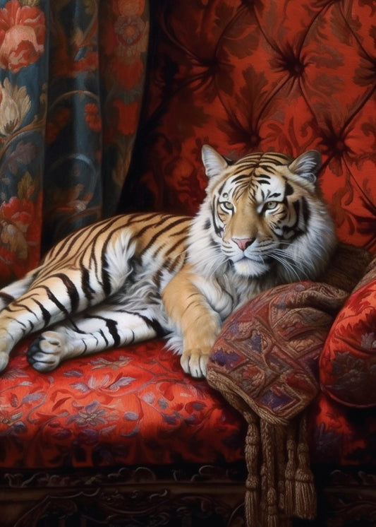 Tiger i röd soffa